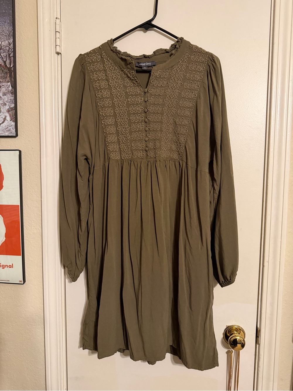 Laurel Grey Olive Long-Sleeve Embroidered Tunic Dress